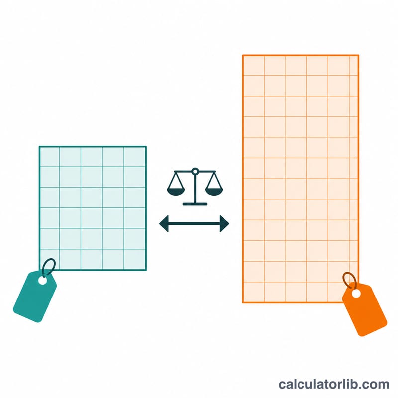 Two rectangular items of different sizes side by side, each with a price tag, for unit cost comparison