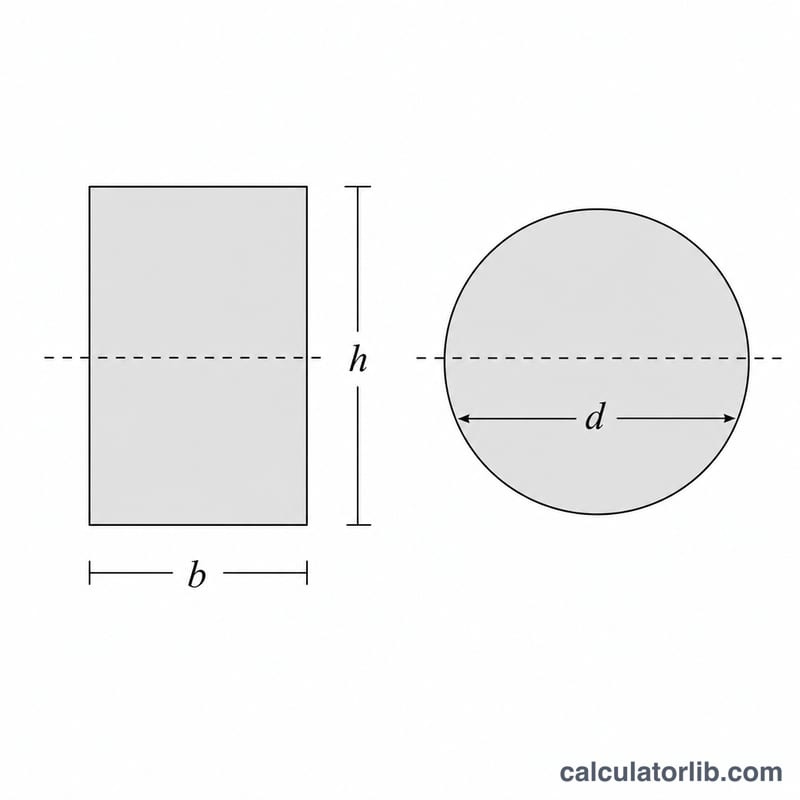Rectangle with width b and height h, and circle with diameter d, both showing bending axes
