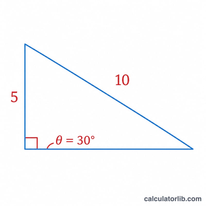 Worked example right triangle with opposite 5 and hypotenuse 10 giving 30 degrees