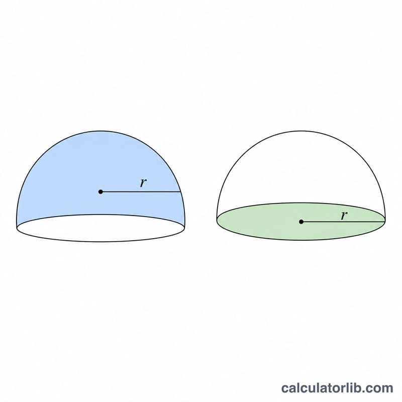 Hemisphere split into curved surface, flat base, and combined total area regions