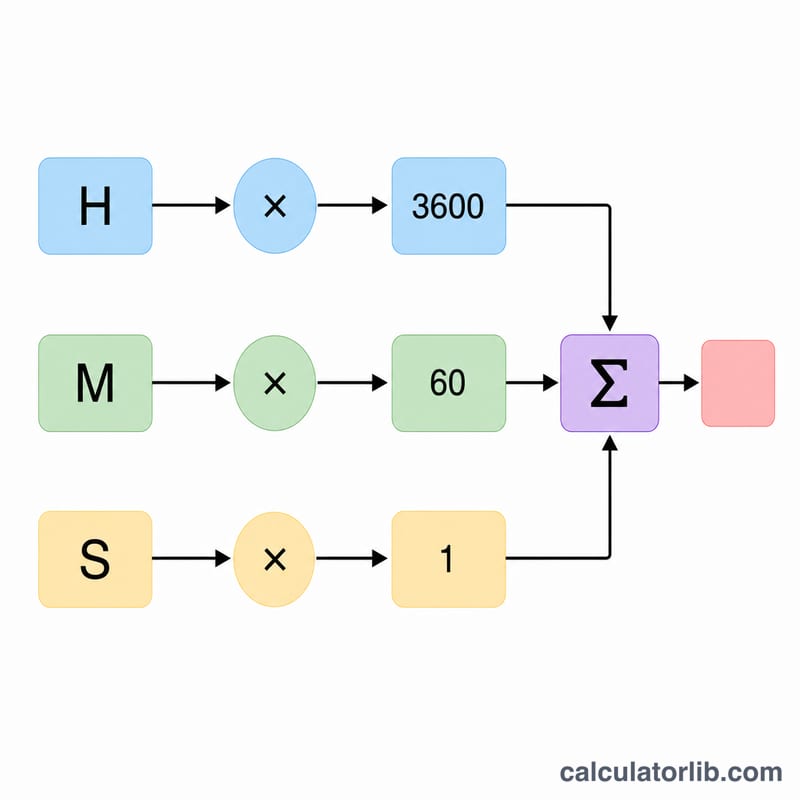 Diagramme de flux multipliant heures, minutes et secondes et les additionnant en secondes totales