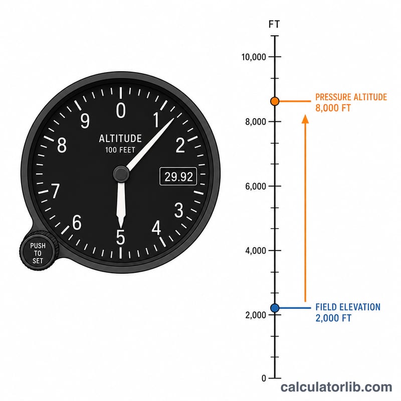 Flat diagram showing how altimeter setting deviation from 29.92 inHg adjusts field elevation to pressure altitude