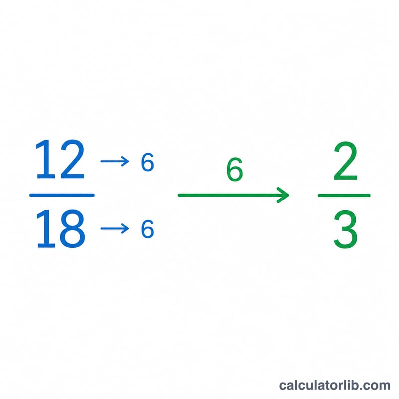 Worked example reducing 12 over 18 to 2 over 3 using GCD 6
