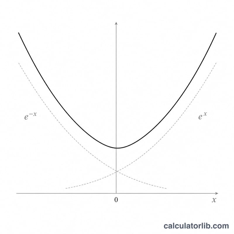 Diagram showing cosh(x) as the average of the curves e^x and e to the minus x