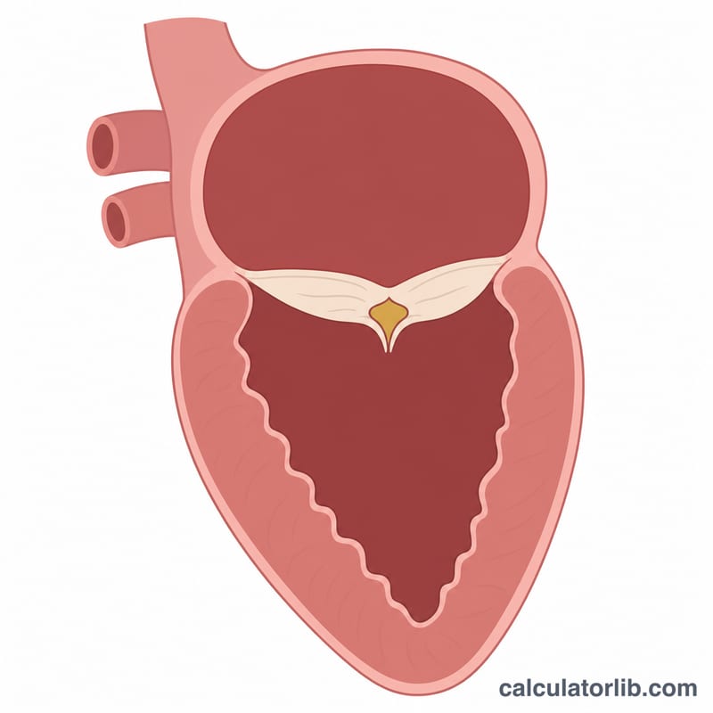 Cross-section of the heart highlighting the narrowed mitral valve opening between left atrium and left ventricle