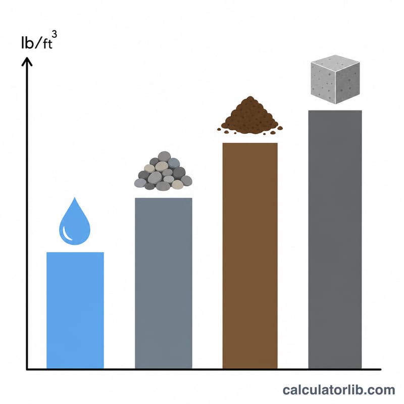Graphique à barres comparant les densités de l'eau, de la terre, du gravier et du béton