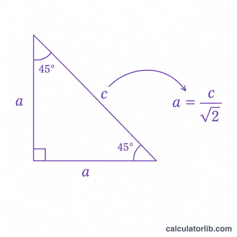 Diagram showing a leg equals the hypotenuse divided by the square root of two