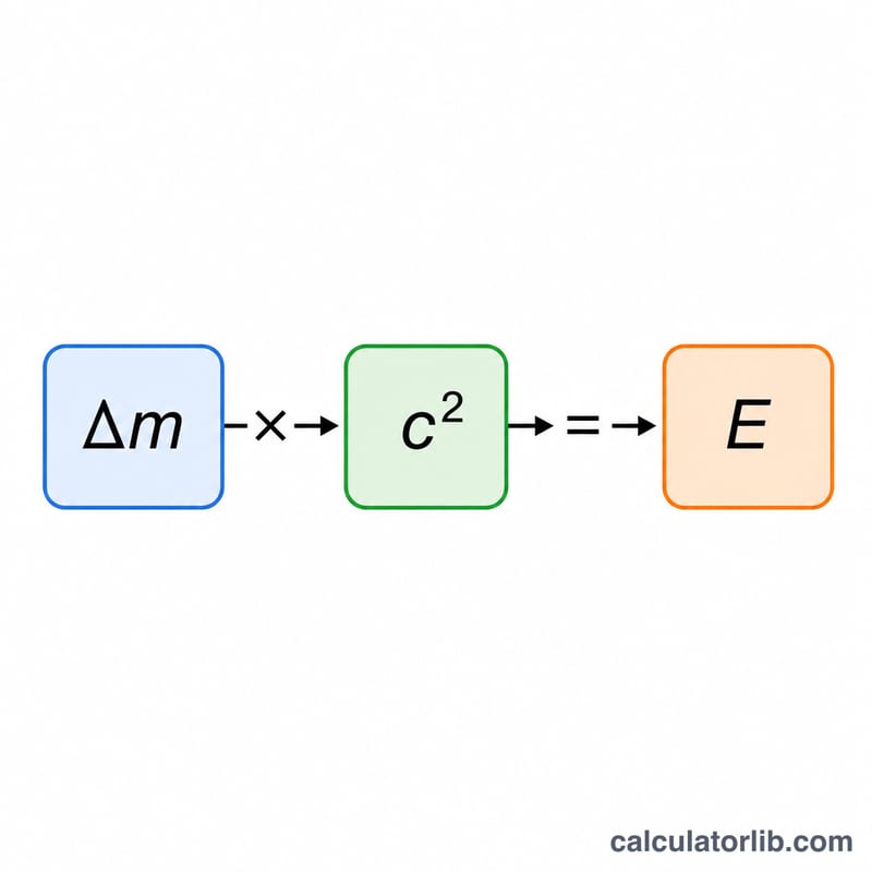 Equation diagram relating mass defect delta m to binding energy via c squared
