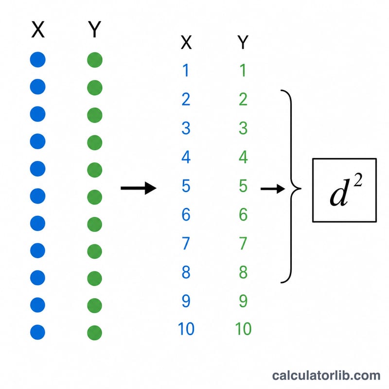 Diagram showing two data columns being converted to rank columns and the difference d squared