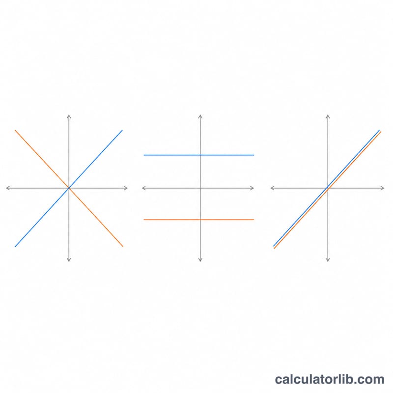 Three configurations of two lines: crossing, parallel, and overlapping