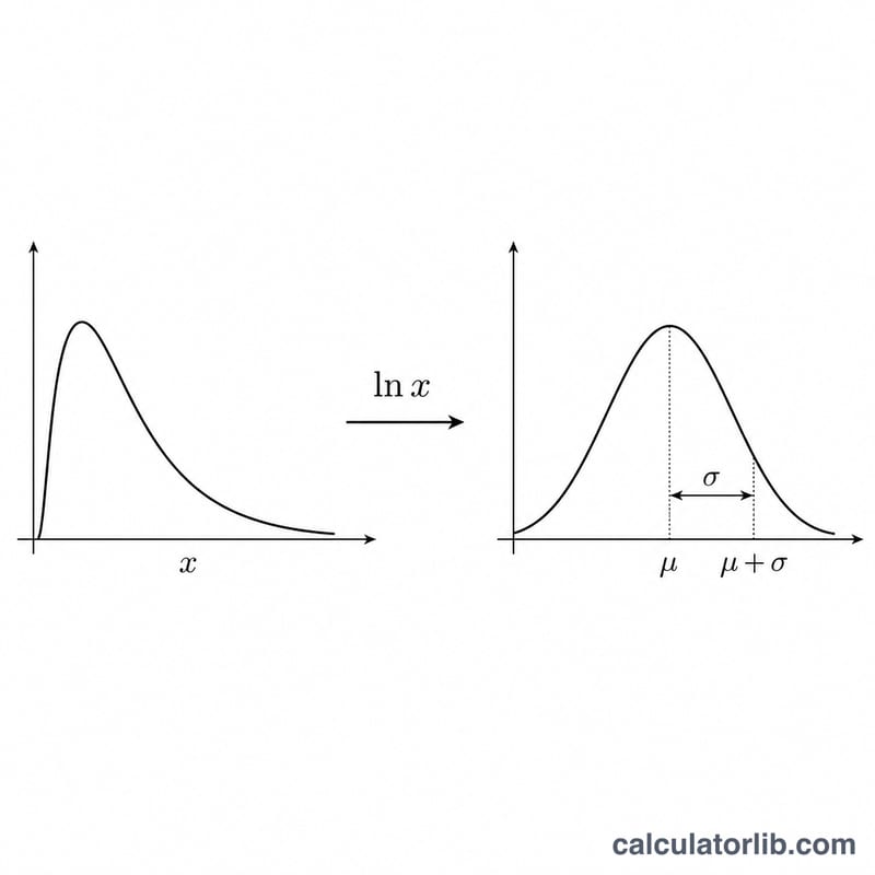 Diagram linking skewed lognormal curve to a symmetric normal bell curve via the logarithm