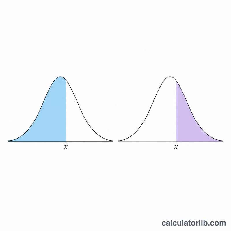 Two bell curves showing left-shaded lower cumulative area P(x) and right-shaded upper cumulative area Q(x)