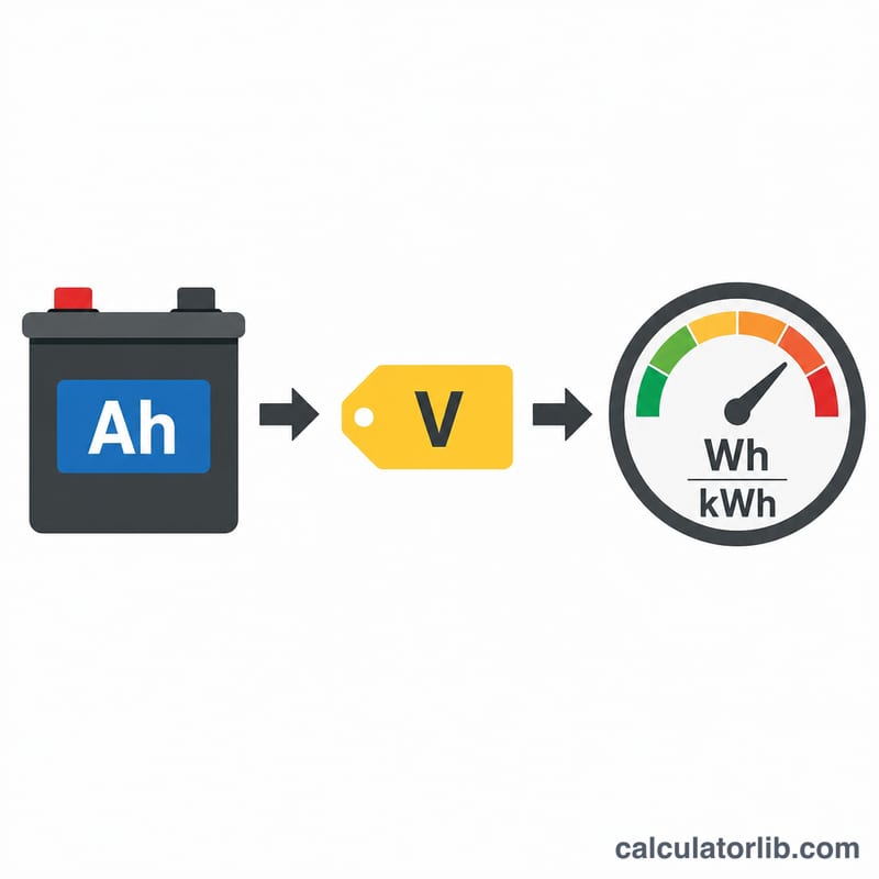 Flat infographic converting battery amp-hours and voltage into watt-hours and kilowatt-hours