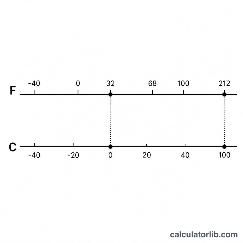 Aligned Fahrenheit and Celsius number lines showing matching reference points