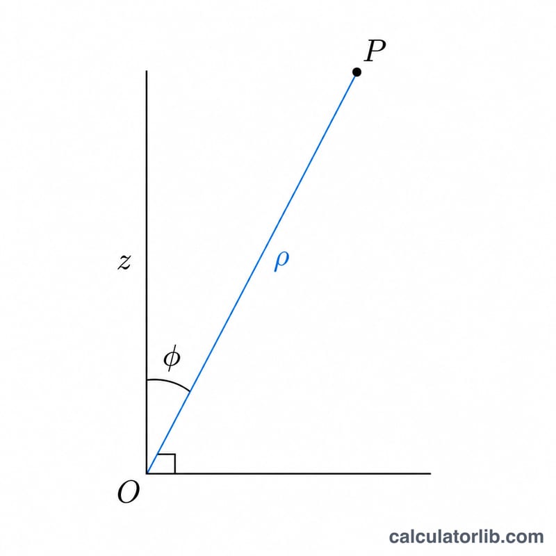 Right triangle showing the relationship between z, rho, and the polar angle phi