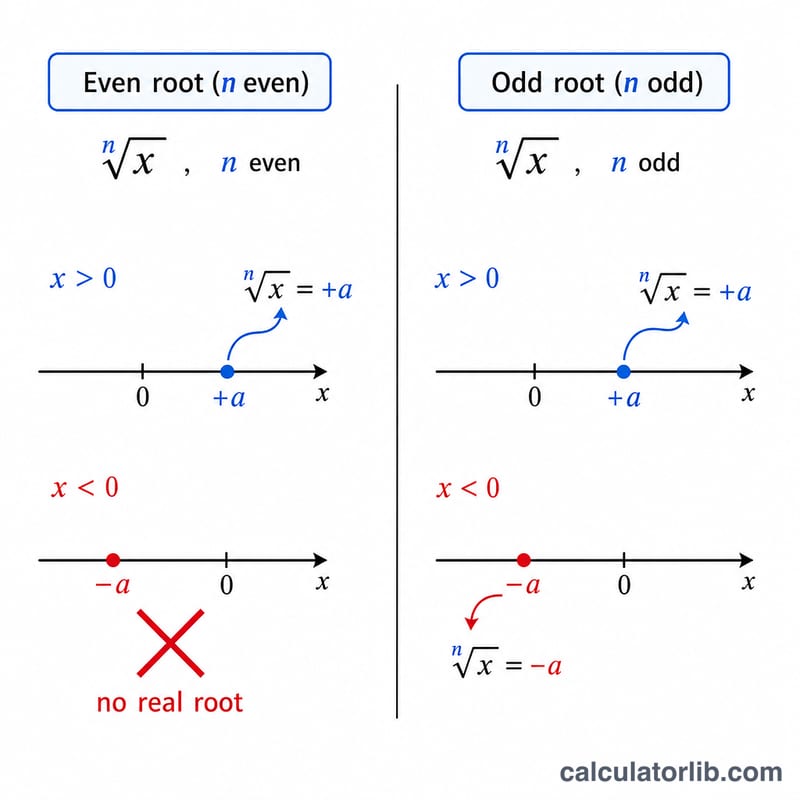 Comparison of even and odd nth roots for positive and negative radicands