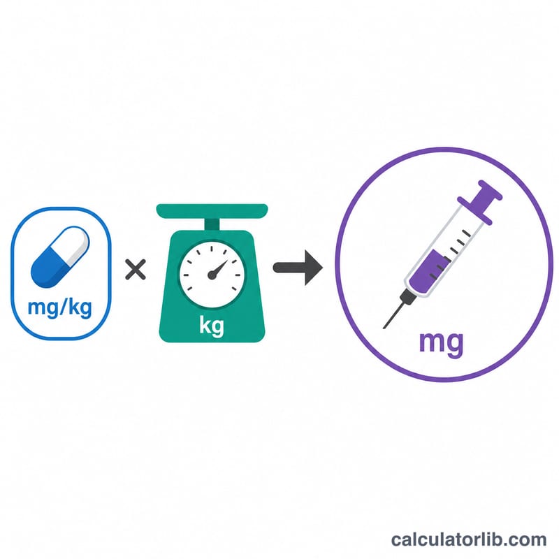 Worked example showing a dose per kg times a patient weight giving a total milligram dose