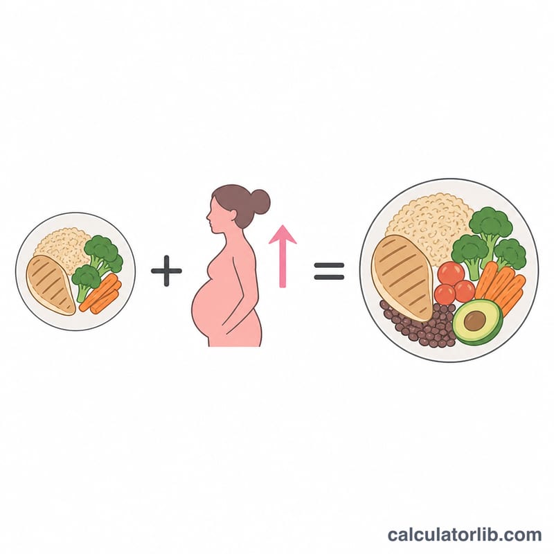 Diagram of maintenance TDEE plate plus a trimester bonus equals total pregnancy calories