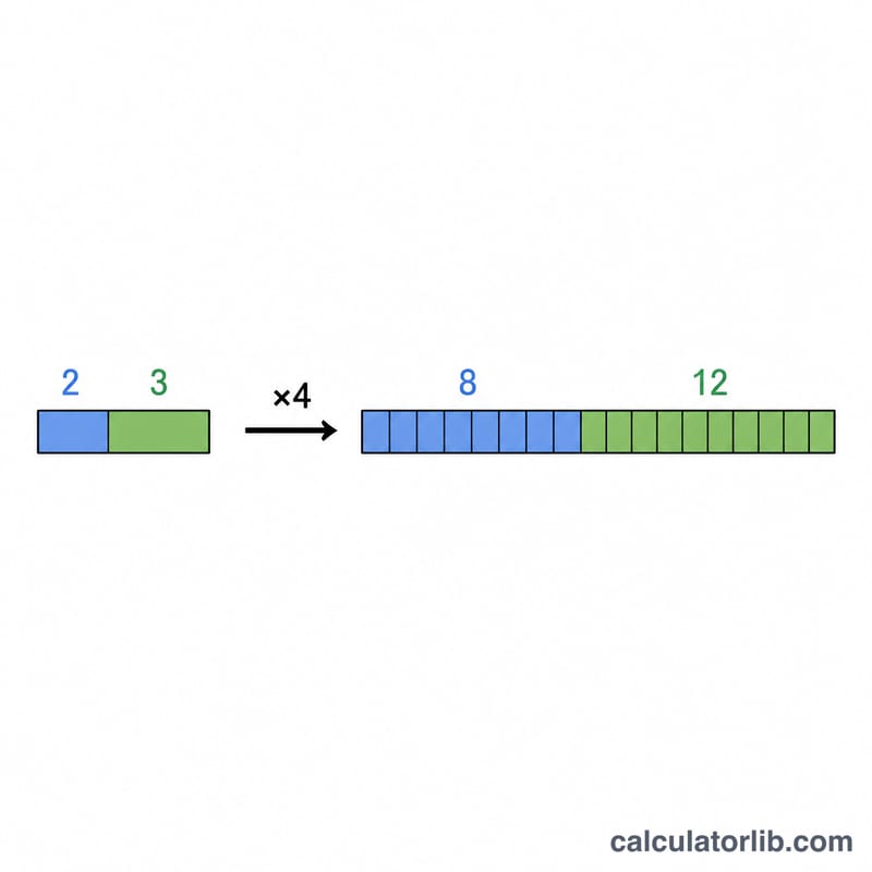 Bar diagram of ratio 2:3 scaled by 4 to become 8:12
