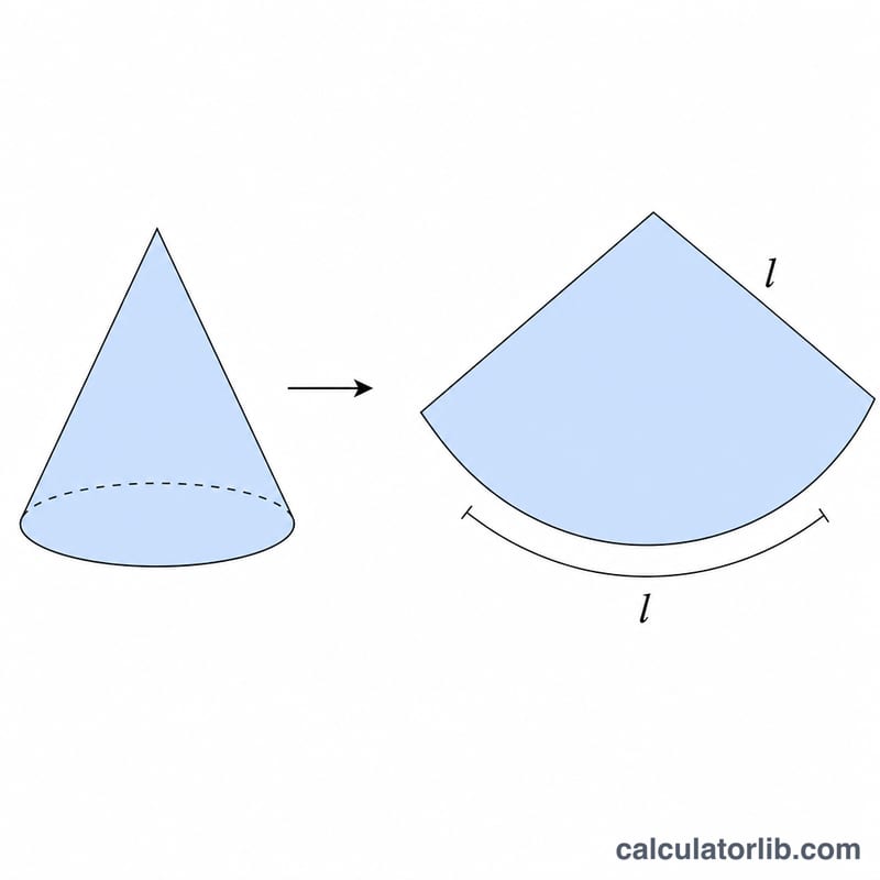 Cone unrolled into a flat circular sector representing lateral area