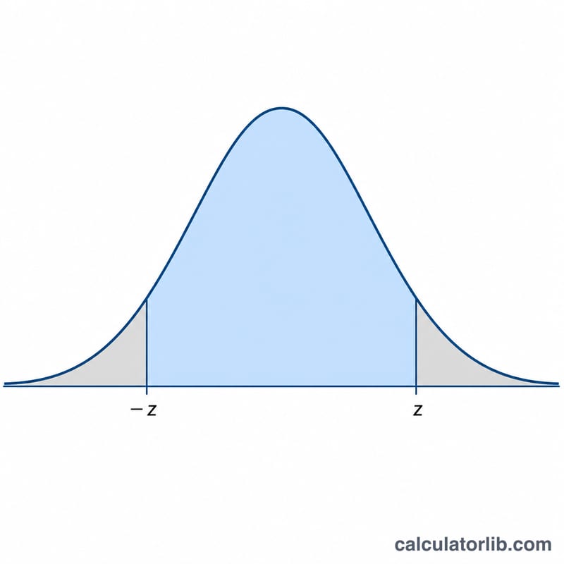 Bell curve showing the central confidence area and the z critical value at the tails