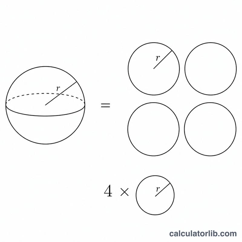 Sphere equals four flat circles of the same radius