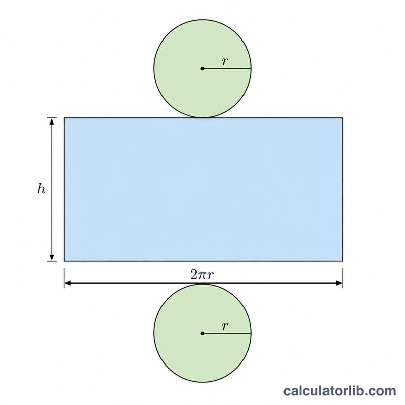 Unrolled cylinder showing two circular bases and a rectangular lateral surface