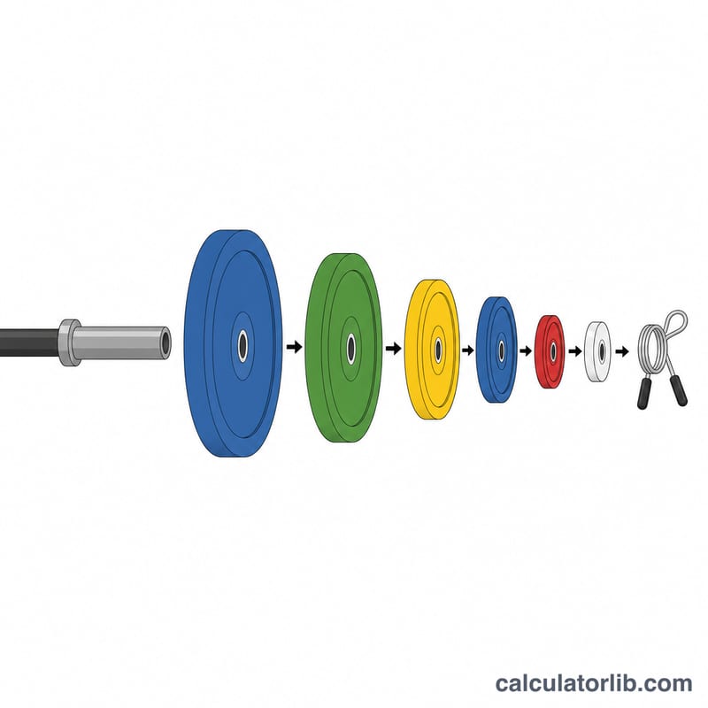 One barbell sleeve loaded with plates ordered largest to smallest toward a collar