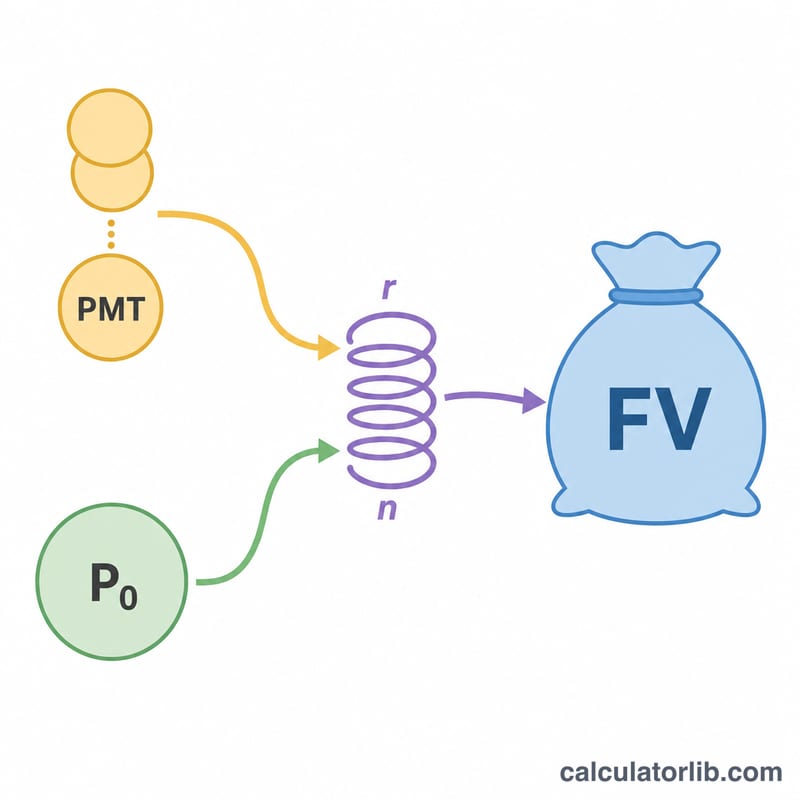 Diagram of the future value formula components: monthly contributions, starting balance, return rate, and years