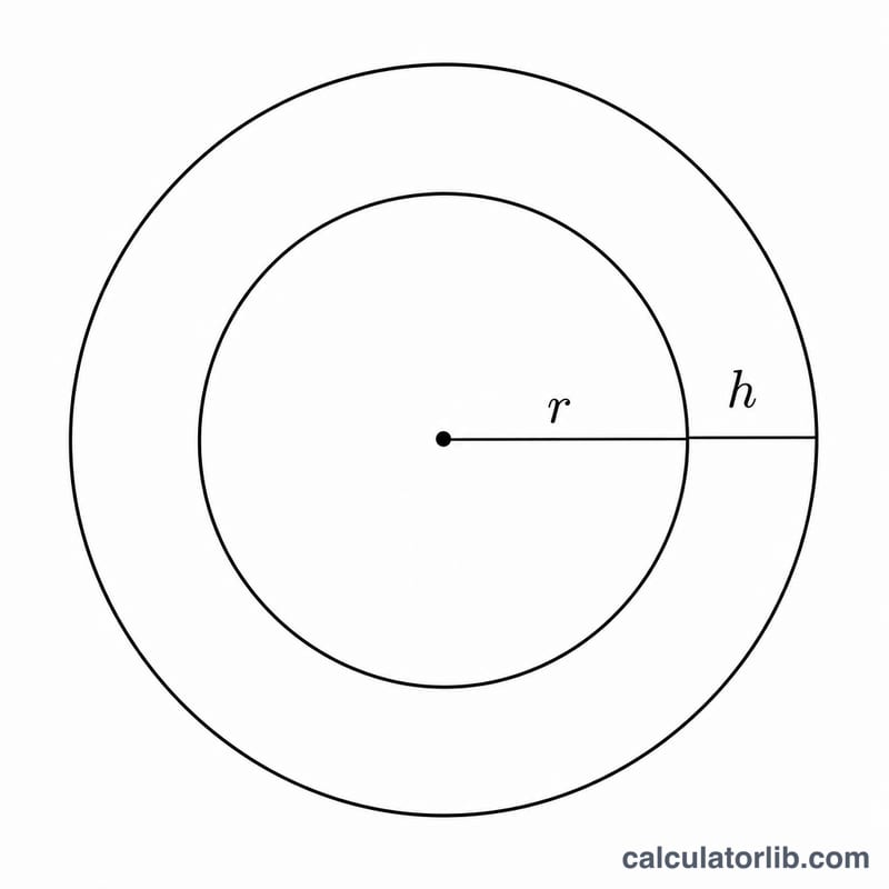 Two concentric circles showing radius r and added gap h between inner and outer circle