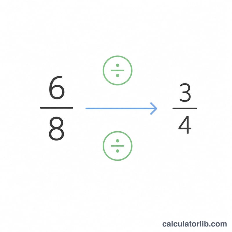 Flat diagram of a combined fraction being reduced by dividing top and bottom by the greatest common factor