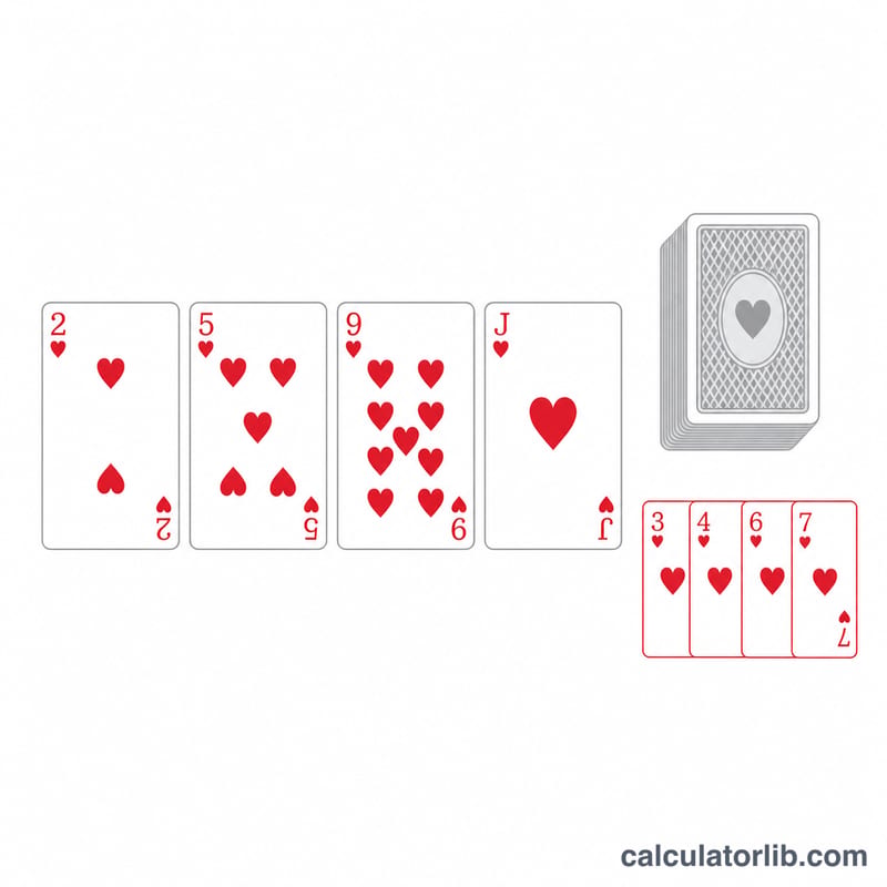 Flat illustration of a flush draw poker hand with outs highlighted
