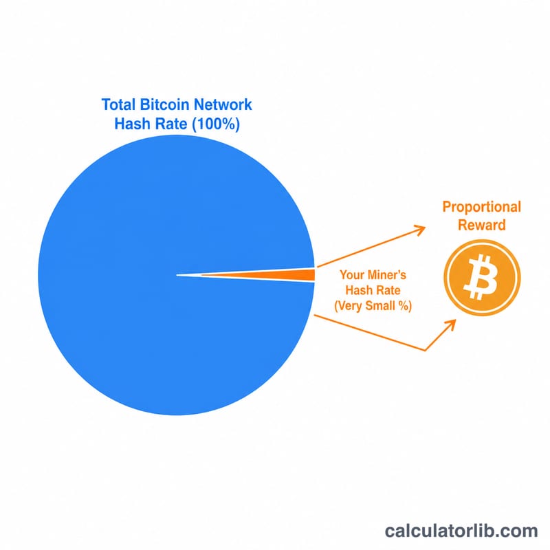 饼图显示矿工在全网算力中占的微小份额按比例获得 BTC