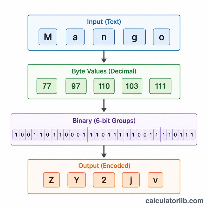 Step flow converting the word from text to bytes to bits to Base64 characters