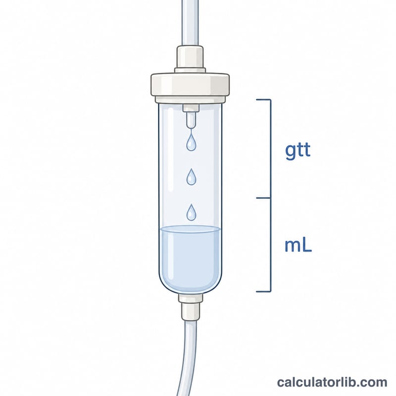 Drip chamber close-up showing droplets with drop factor gtt per mL labeled