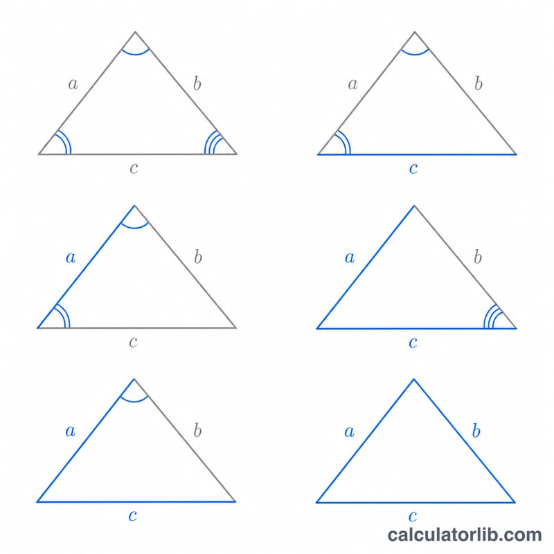 Grid of six small triangle diagrams showing AAA, AAS, ASA, SSA, SAS, SSS given parts