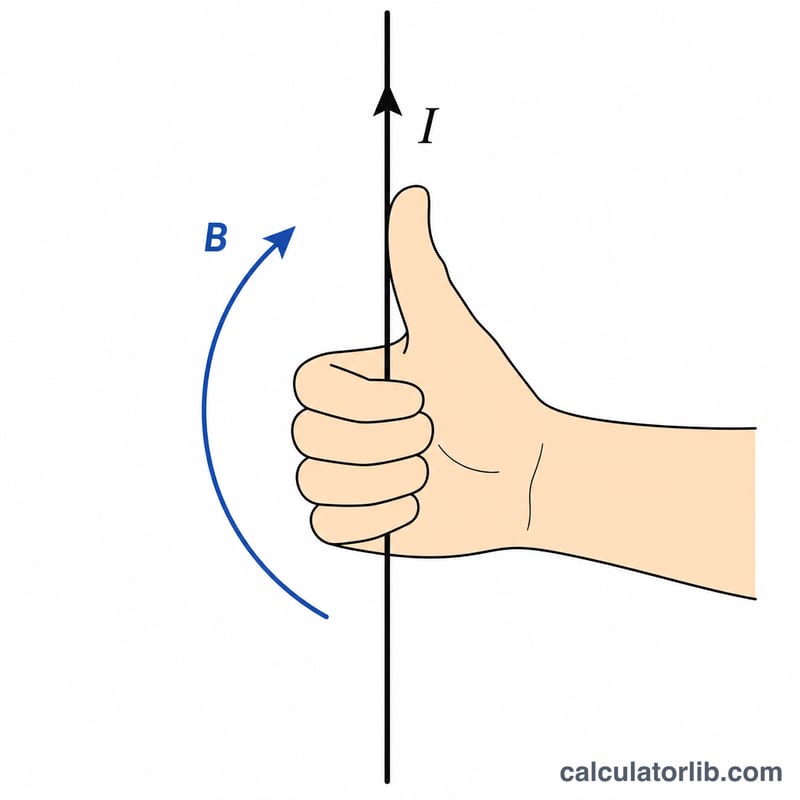 Right-hand rule: thumb points along current, curled fingers show magnetic field direction