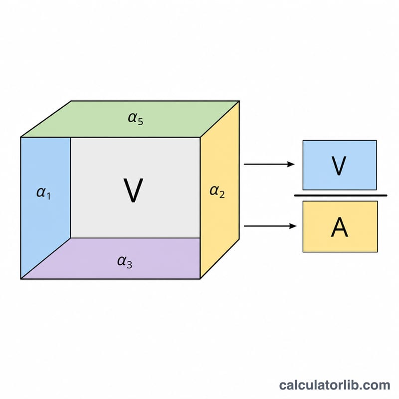 Diagram of room volume and surfaces with absorption coefficients feeding the Sabine formula