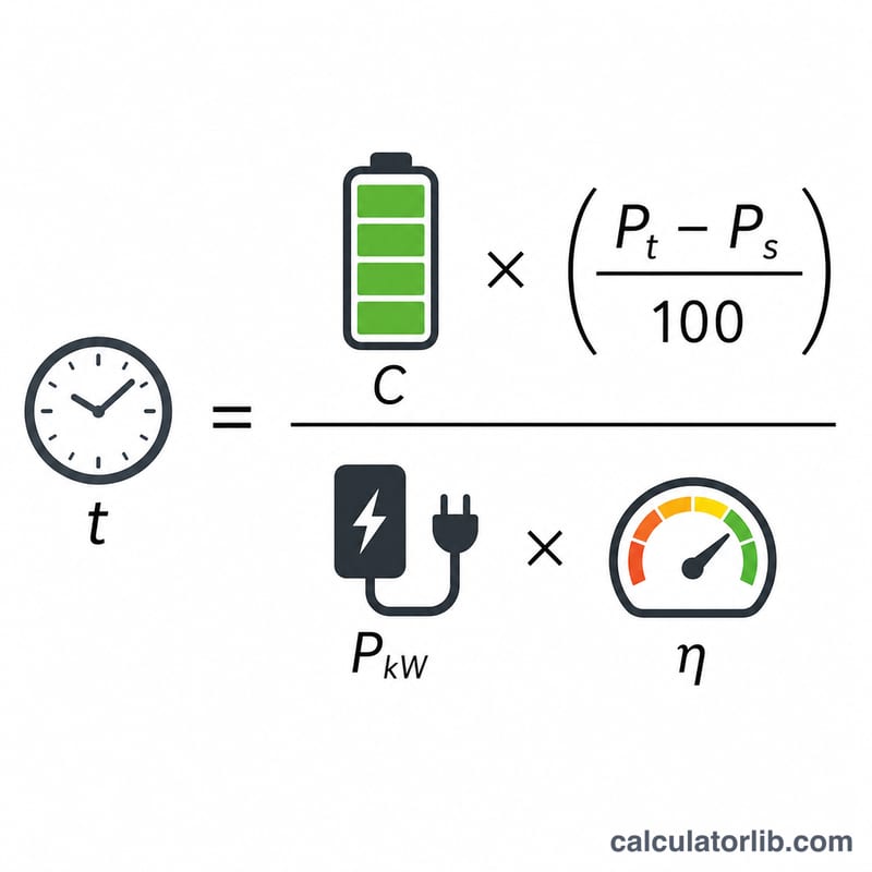 Diagram of the charging time formula relating battery capacity, percentages, charger power and efficiency