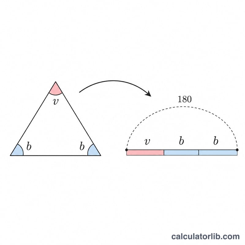 Diagram showing vertex angle equals 180 minus twice the base angle