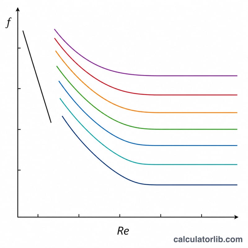 Moody-style chart of friction factor versus Reynolds number with multiple relative roughness curves