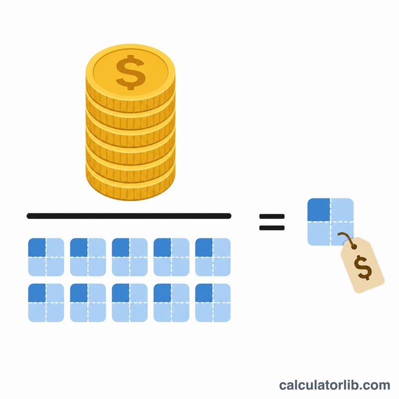 Visual fraction of stacked coins over a grid of shares equalling one priced share