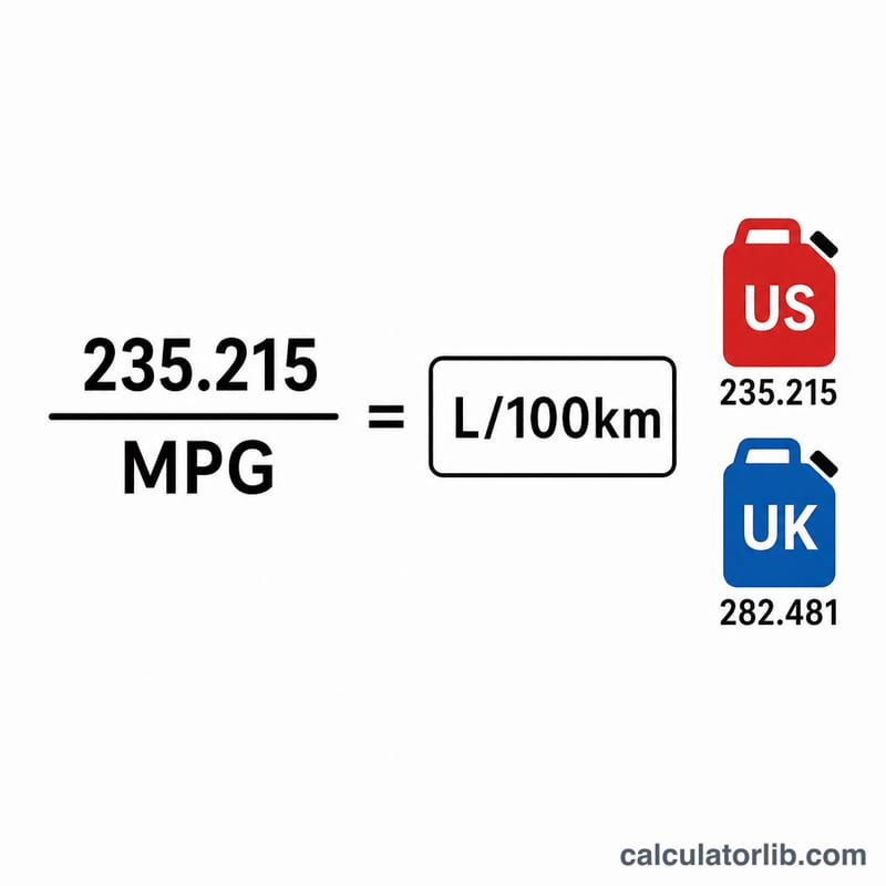 Formula L/100km equals 235.215 divided by MPG, with US and UK gallon constants