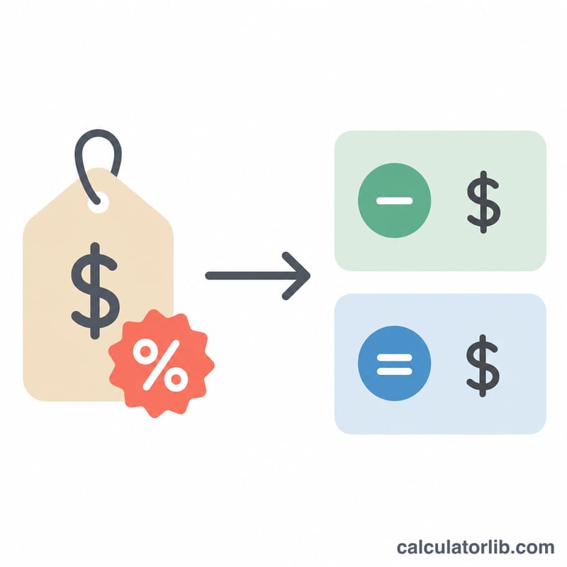Worked example showing price times percent off arrow to amount saved and final sale price