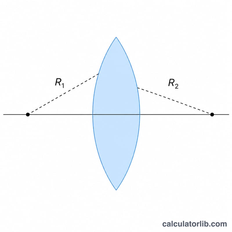 Lens cross-section showing radius of curvature R1 and R2 with their centers