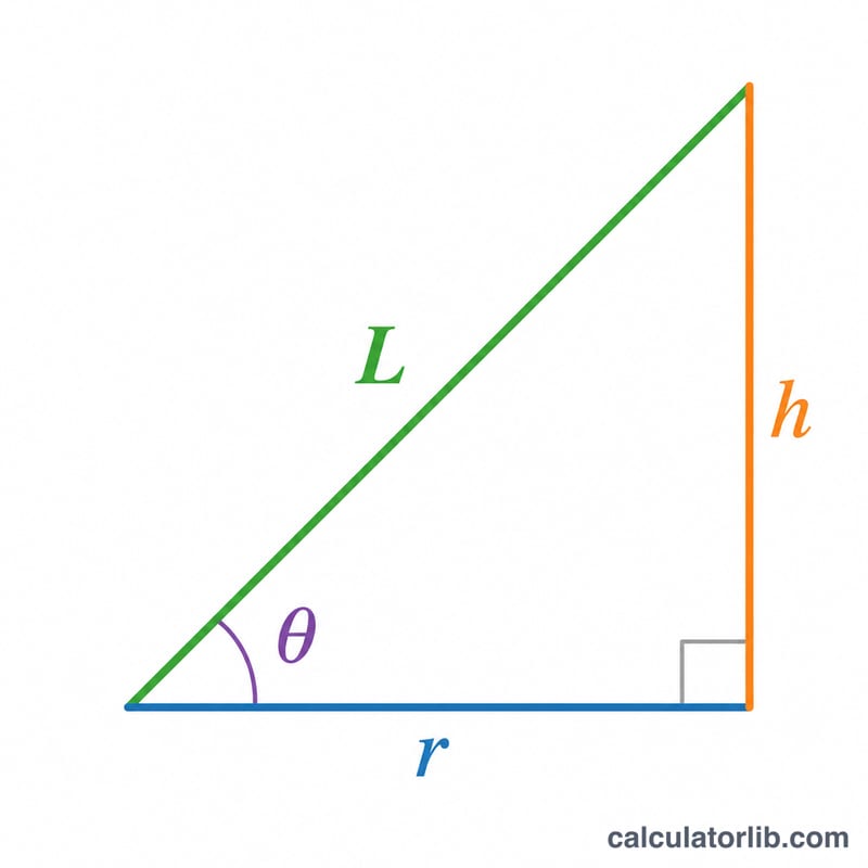 Right triangle showing total run as base, total rise as height, and stringer length as hypotenuse with angle theta