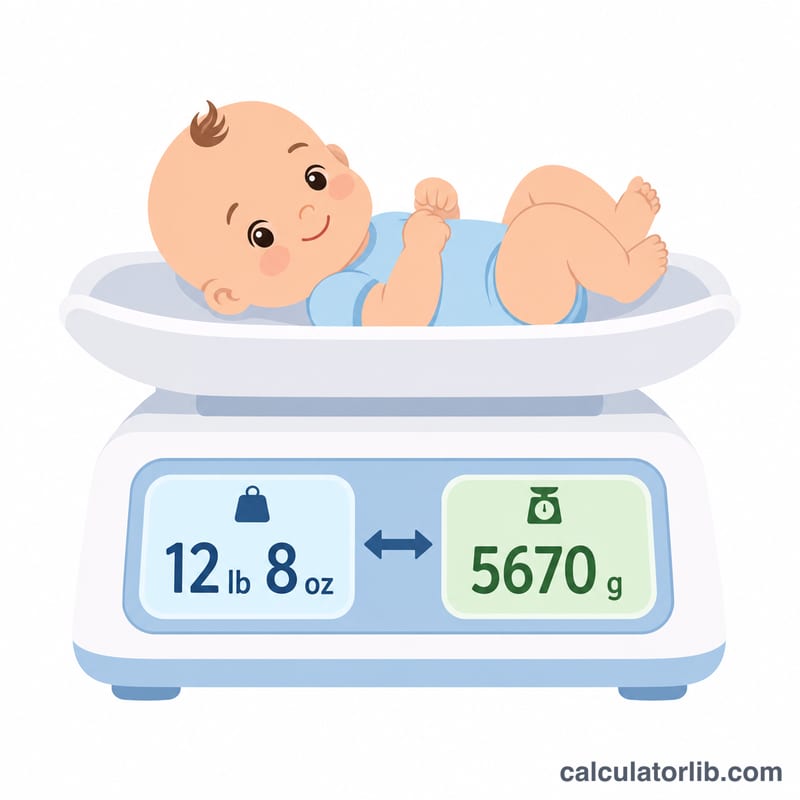 Baby on a scale with dual pounds-ounces and grams readout