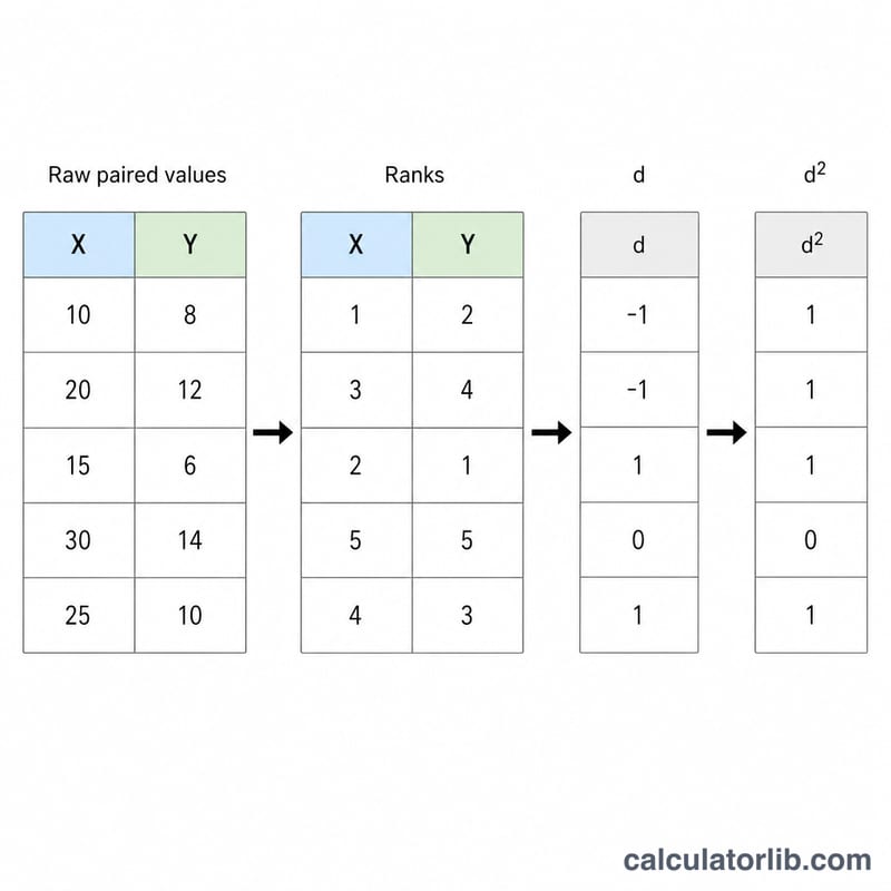 Diagram showing raw paired data converted to ranks, then to differences d and squared differences