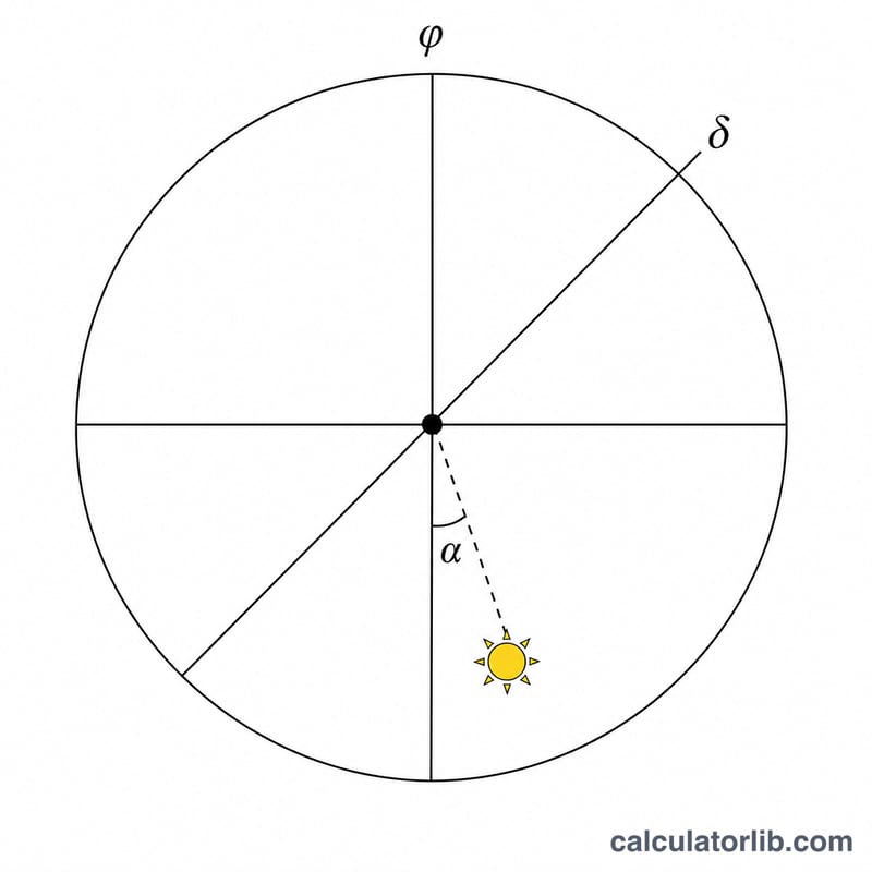 Celestial sphere diagram showing sun altitude angle alpha below horizon, observer latitude phi and solar declination delta