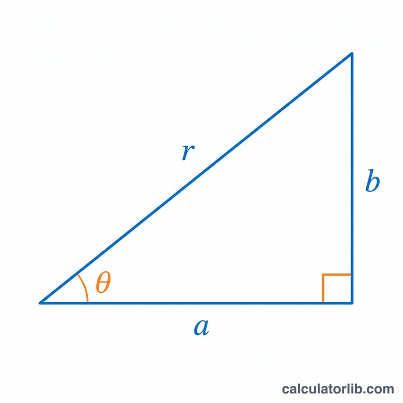 Right triangle formed by real part a, imaginary part b, and hypotenuse r illustrating the modulus and argument formulas